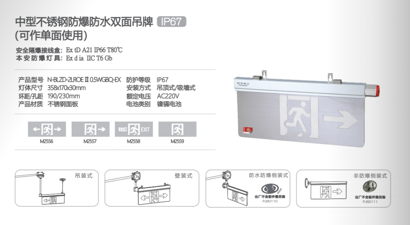敏华 防爆LED安全出口指示灯 NBLZD-2LROEI05WGBQ-EX 防爆IP67 无指示方向