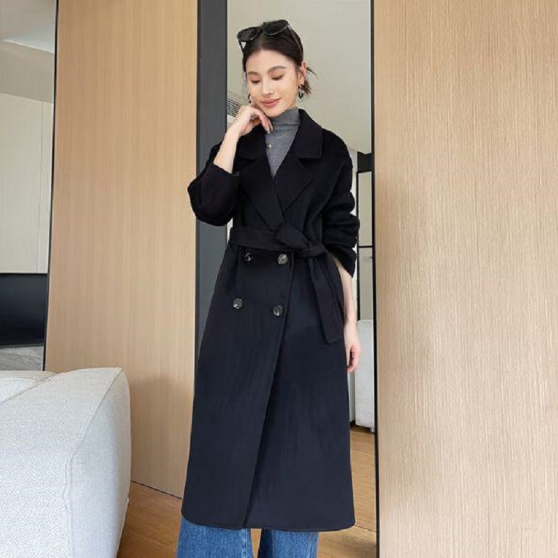 2025秋冬新款双面羊绒大衣女长款轻奢时尚感双排扣羊毛呢子外套黑色