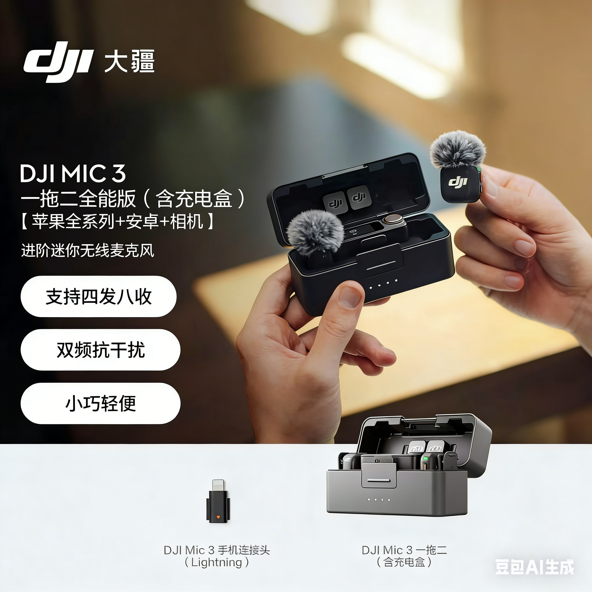 大疆 Mic3进阶迷你无线麦克风一拖二全能版(含充电盒)